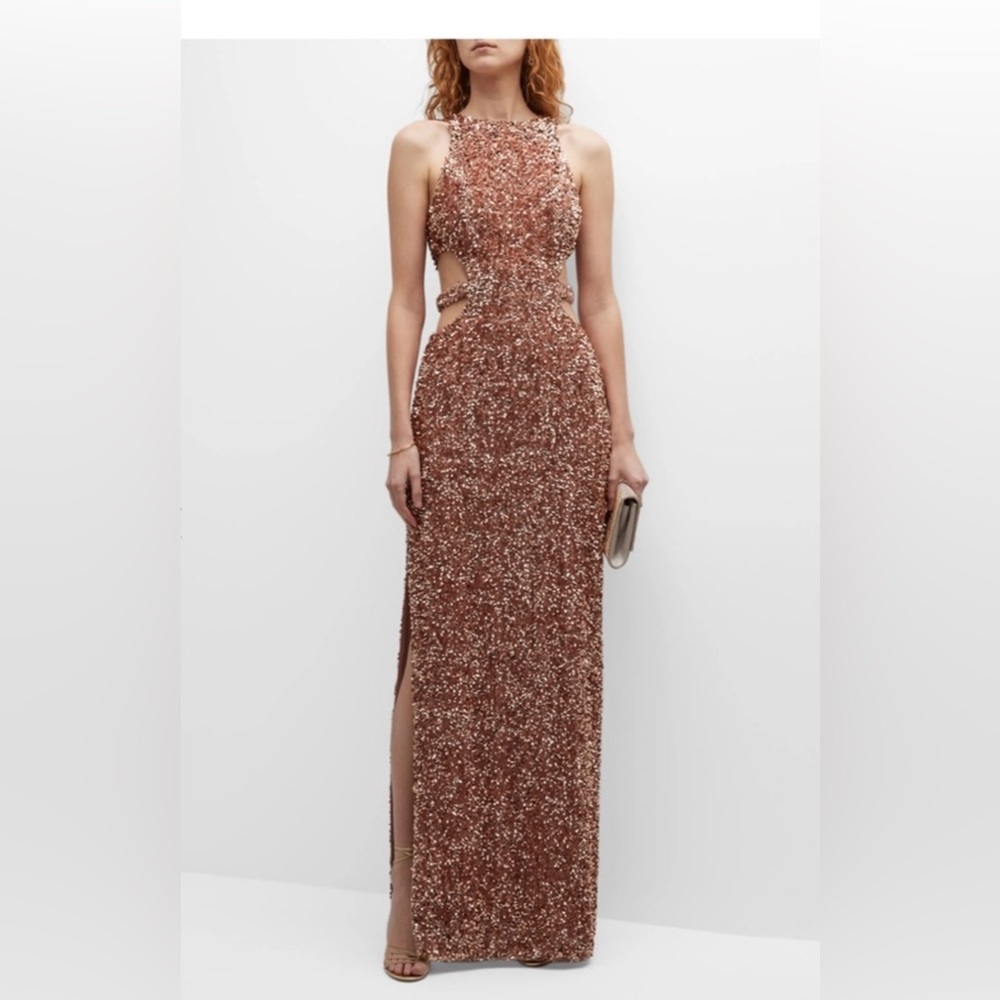 Liv Foster cut-out dress in “brown” (looks rose-gold) size 2. Beautiful sequined